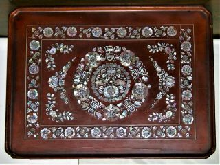 Vintage Chinese Mother Of Pearl Inlaid Rosewood Folding Tray Large 23.  5in Long
