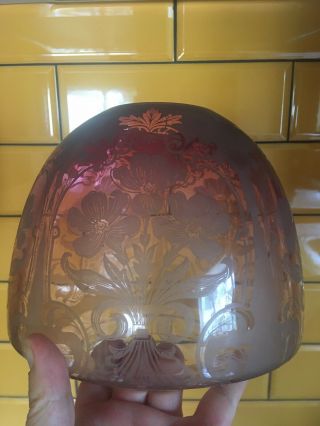 Antique Victorian Duplex Cranberry Beehive Etched Glass Oil Lamp Shade English