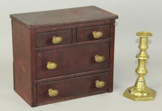 Rare 18th C Table Top 4 Drawer Valuables Chest In Red Stain And Brasses