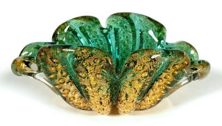 Vintage Barovier Toso Murano Art Glass Bowl Ribbed Gold Aventurine Bubbles Italy