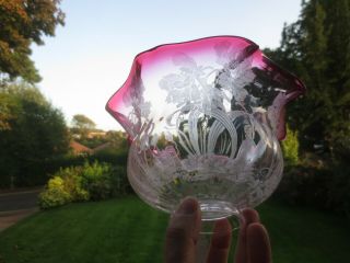 Antique Victorian Cranberry Glass Acid Etched Oil Lamp Light Shade