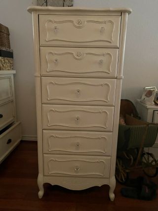 Vintage Tall Antique White Wood Dresser With Crystal Knobs Shabby Chic Style