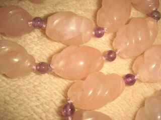 Vtg Chinese Export 32 " Spiral Carved Rose Quartz Amethyst Knotted Bead Necklace