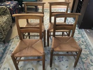 Vintage Rush Seated Wooden Church Chairs With Bible Rack