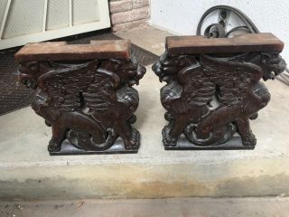 19th Century Winged Gargoyles / Lions Carved Oak Glass Shelf Supports Pedestals