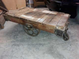 Antique Lineberry Style Factory Industrial Carts Rail Road Coffee Table