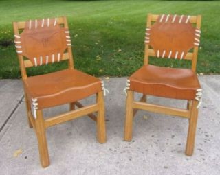 (2) A Brandt Ranch Oak & Leather Texas Longhorn Side Chairs (rare) Made In Texas