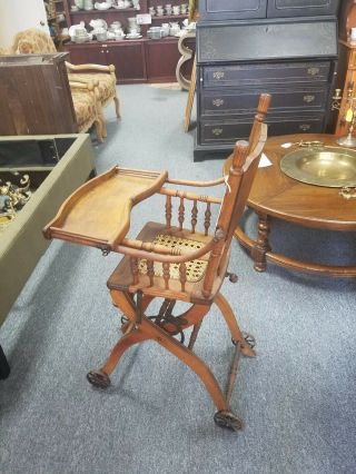 Antique Oak Convertible High Chair W.  Caned Seat & Cast Iron Wheels