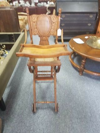 Antique Oak Convertible High Chair w.  Caned Seat & Cast Iron Wheels 2
