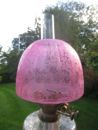 Veritas Victorian Cranberry Glass Acid Etched Duplex Oil Lamp Shade