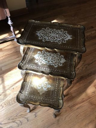 Vintage Gold Italian Florentine Nesting Tables Set Of 3 Mcm Hollywood Regency
