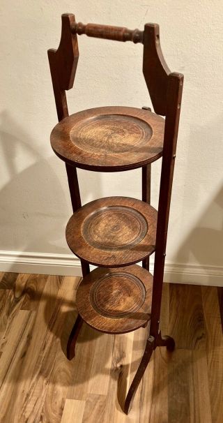 Vintage English Oak Cake Muffin Plant Stand Folding 3 Tier