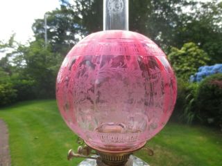 Antique Veritas Victorian Cranberry Glass Acid Etched Duplex Oil Lamp Shade