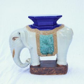 C1960 Vtg Chinese Ceramic Elephant Plant Stand / Table Designer Garden Stool
