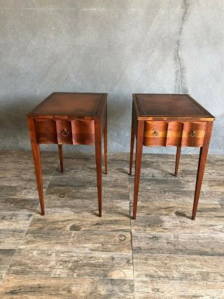 Pair (2) Federal Walnut End Tables Boxwood Inlay,  Gilt Leather Top,  Tapered Legs