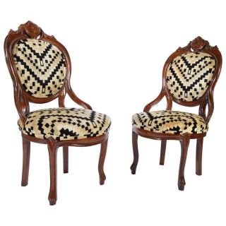 Victorian Parlor Chairs Having Carved Mahogany Frames With Art Deco Upholstery