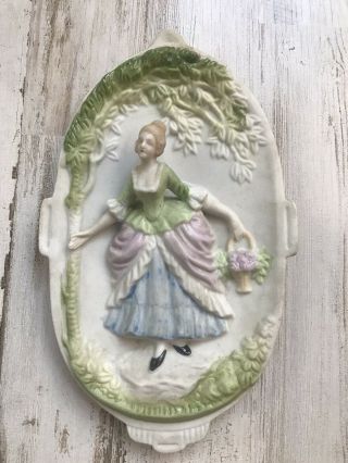 Chase Occupied Japan Hand Painted Colonial Woman 3d Wall Plaque Bisque