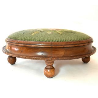 Oval Antique Footstool - Green Needlepoint Top - Carved Wood - Short Legs