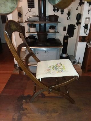 Antique Civil War Era Ladder Back Folding Carpet Bag Camp Chair