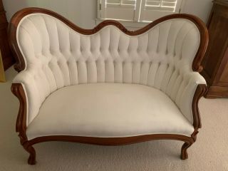 Two Victorian Style White Love Seats With Mahogany Wood,