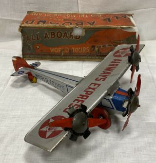 Vintage Girard Airways Express Wind - Up Tin Litho Airplane With Box