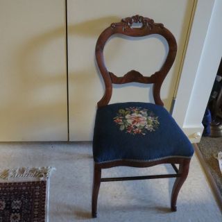 Antique Carved Walnut Balloon Back Parlor Chair With Needlepoint Seat