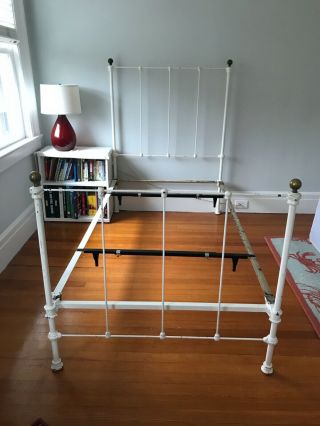 Vintage Victorian - Era Cast Iron Twin Bed Frame With Rails - White & Brass