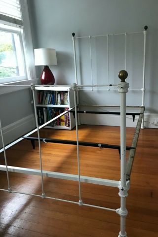 Vintage Victorian - Era Cast Iron Twin Bed Frame with Rails - White & Brass 3