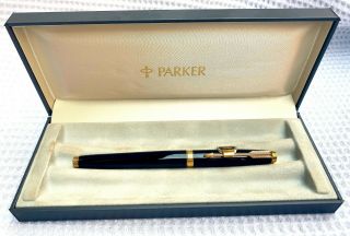 Vintage Parker 75 Black Lacquer Fountain Pen Nos W/box,  France (ar2547)