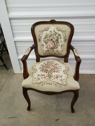 Vtg French Louis Xv Style Courting Couple Tapestry Fauteuil Armchair