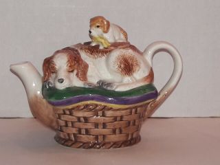 Vintage Noritake Royal Hunt Teapot Sleeping Dog And Puppy In Basket