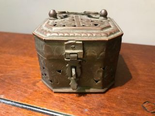 Vintage India Brass Mini Trinket Box Cricket Box With Handle 3 " L X 3 " W X 2 1/4 " H