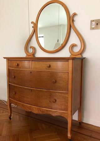 Antique Edwardian Style Bow Front Birdseye Maple Dresser And Mirror Pickup Nyc