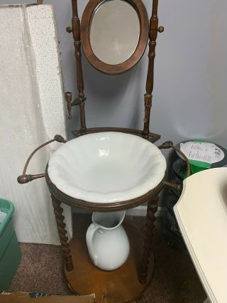 Vintage Antique Style Barley Twist Wash Stand W Mirror Jug And Basin