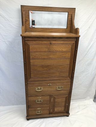 Antique Oak Drop Front Writing Desk With Mirror