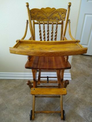 Antique Solid Oak Carved Wood Folding Highchair/stroller