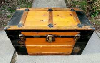 Antique Steamer Trunk Vintage Victorian Classic Flat Top Wood Chest C1890