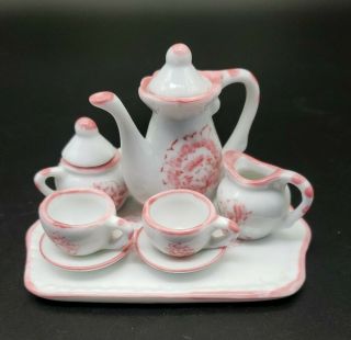 Miniature Ceramic Tea Set White With Pink Foral & Trim Child 