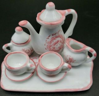 Miniature Ceramic Tea Set White with Pink Foral & Trim Child ' s Set Mini Doll Kid 2