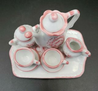 Miniature Ceramic Tea Set White with Pink Foral & Trim Child ' s Set Mini Doll Kid 3