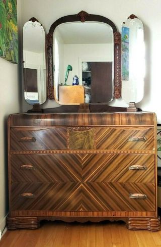 Antique Waterfall Highboy And Matching Dresser With Mirror