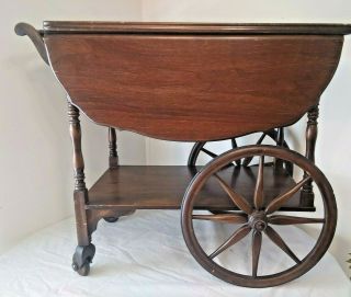 Vintage Antique Wooden Wagon Drop Leaf Tea Bar Serving Cart Glass Tray Top Mcm