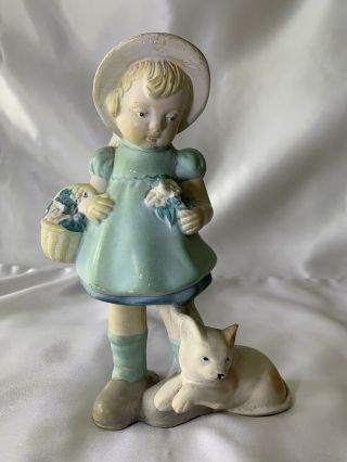 Vintage Mid Century Coventry Ware Ceramic Girl With Cat Decor Antic Figurine