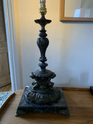 Antique Exquisite French Huge Bronze And Marble Cherub Table Lamp