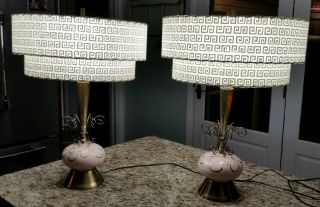 Vtg Mid Century Modern Art Deco Lamps W/two Tier Fiberglass Pink And Gold
