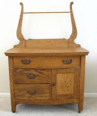 Antique Oak Or Ash Wash Stand/commode/dry Sink W/drawers,  Cabinet & Towel Rack