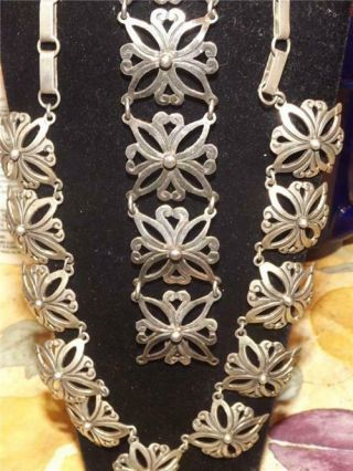 Vintage Antique Mexican Topez Campo Taxco Silver Necklace & Bracelet Set 9.  25