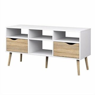Modern White Natural Oak Tv Stand With Mid - Century Style Wood Legs