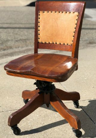 Antique Milwaukee Chair Company Leather Back Wood Cast Iron Rolling Office Chair