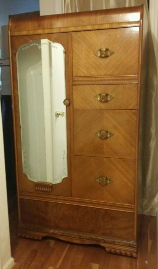 Lovely Art Deco Armoire Wardrobe With Mirror,  Coat Rod Tiger Oak Accent,  Paws